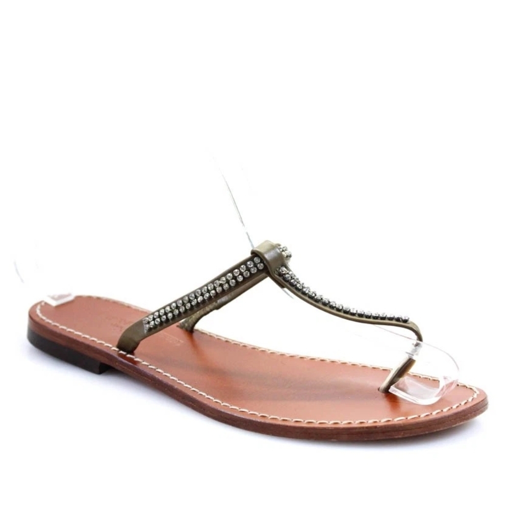 Laurent Effel Womens Rhinestone Flat Leather T Strap Sandals Brown Size 39 9